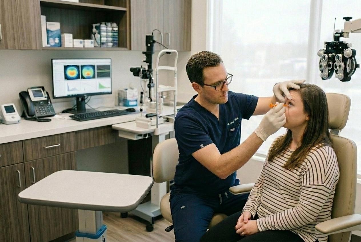 Optometrist inserts a scleral lens into a patients eye using a plunger insertion tool