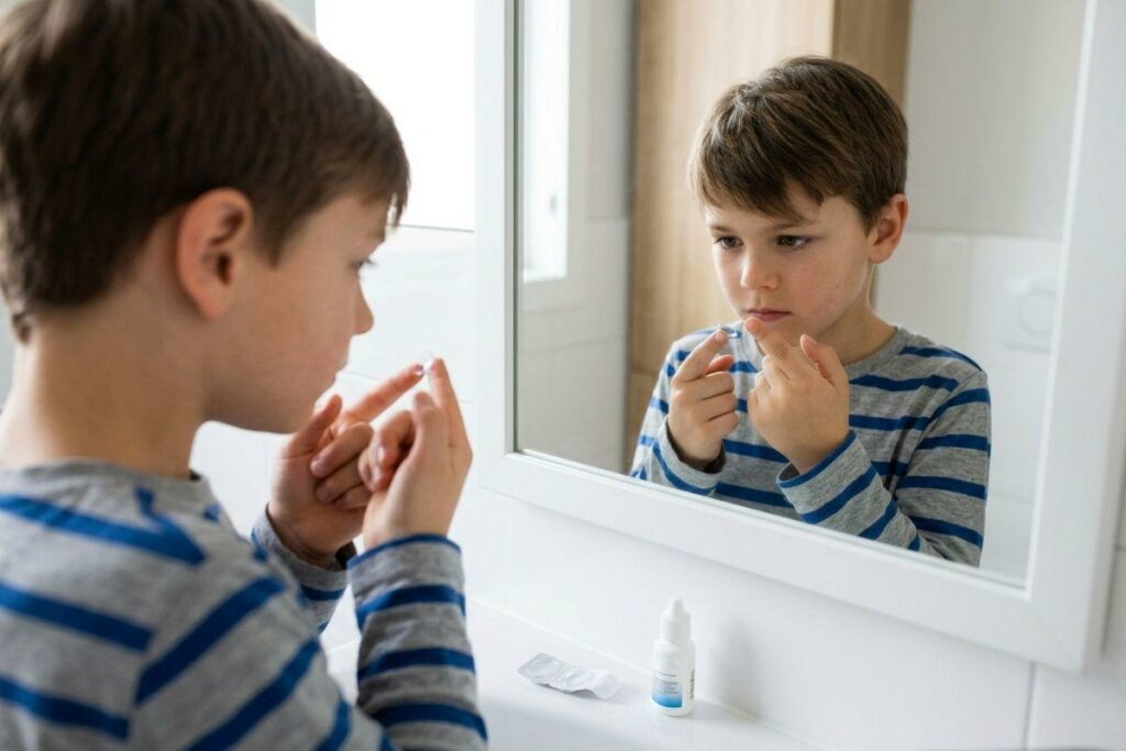 Child holding a contact lens in front of a bathroom mirror, focused, with a contact lens case and eye drop bottle on the counter.