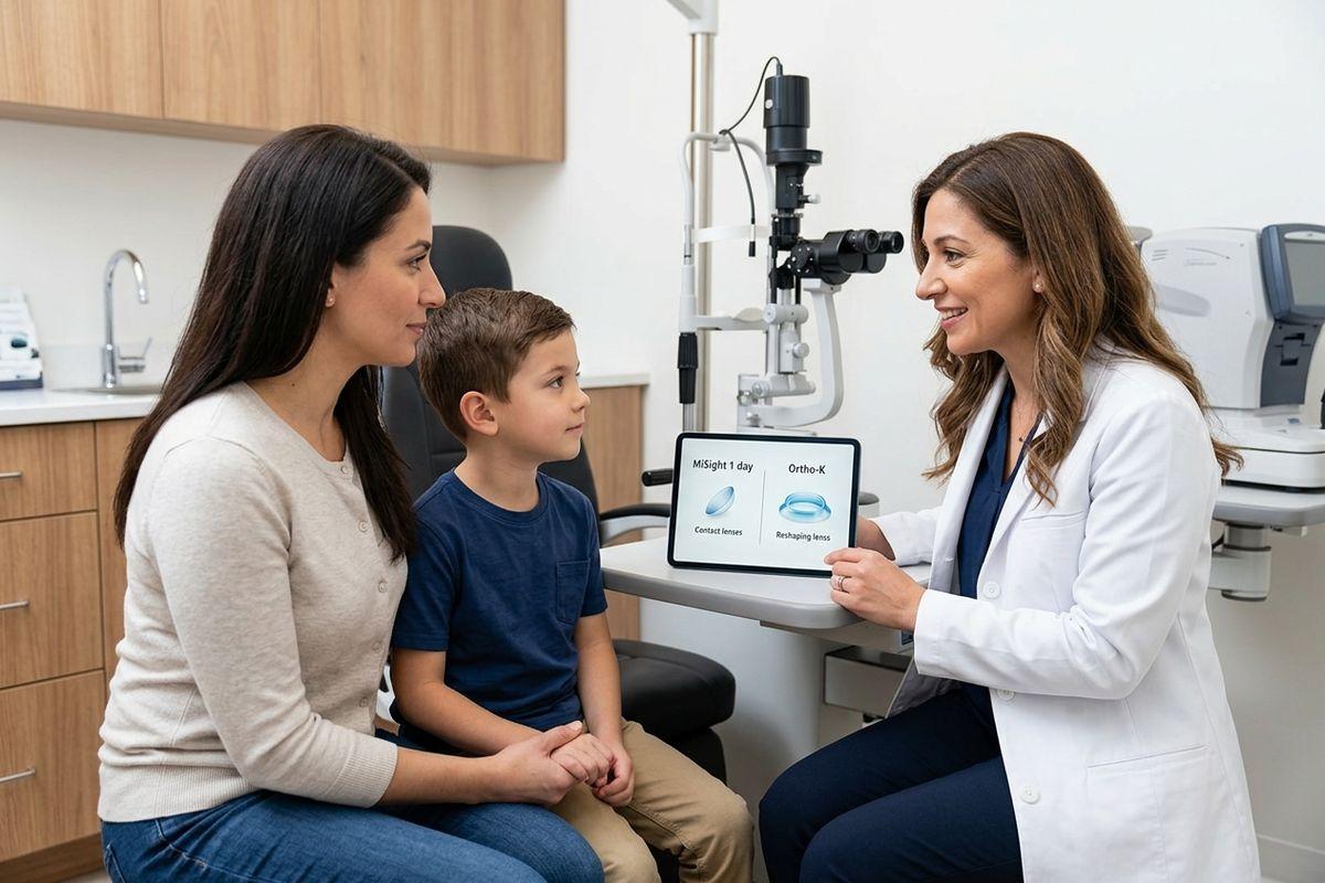 Smiling optometrist shows a tablet displaying MiSight 1 day and Ortho-K lens options to an adult and child in an eye exam room.