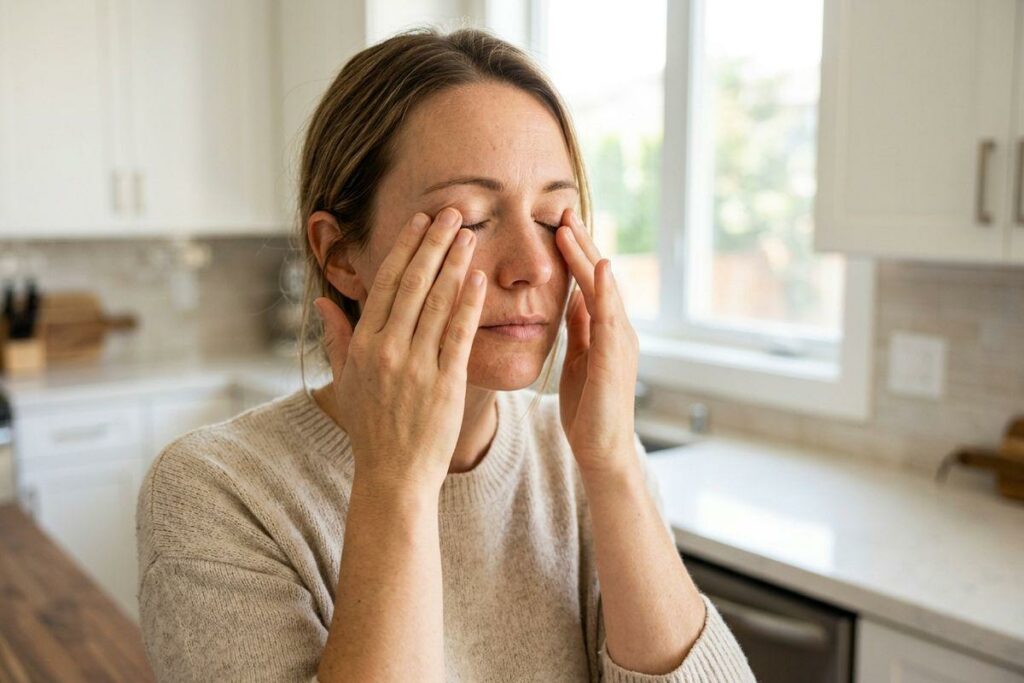 Adult rubbing both closed eyes with fingertips in a kitchen, eyes shut and expression tense.