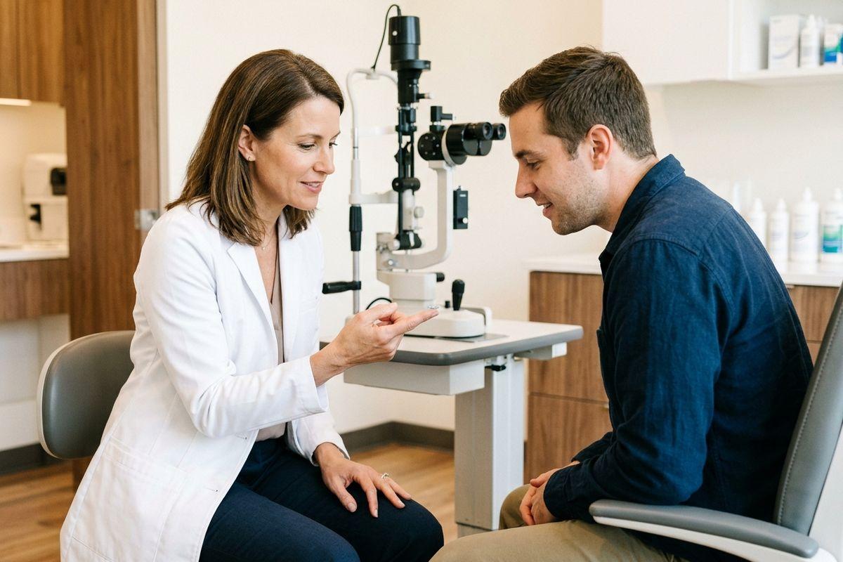 Optometrist holding a contact lens and consulting with a seated patient in an eye exam room with a slit lamp nearby.