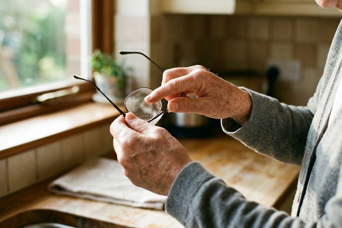 Older adult's hands holding and examining a pair of eyeglasses in a home kitchen near a window.